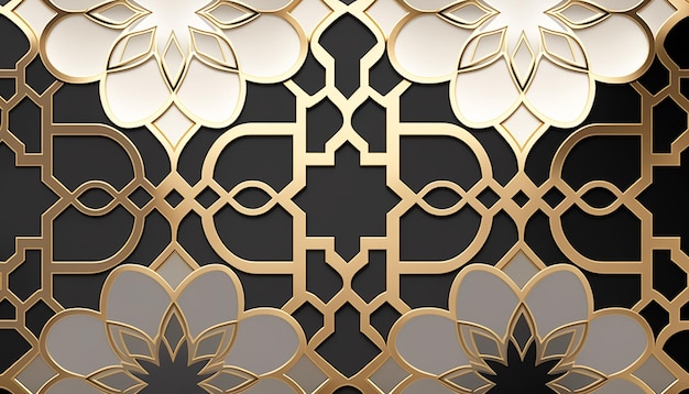 Close up of decorative gold and black wallpaper with flower generative ai