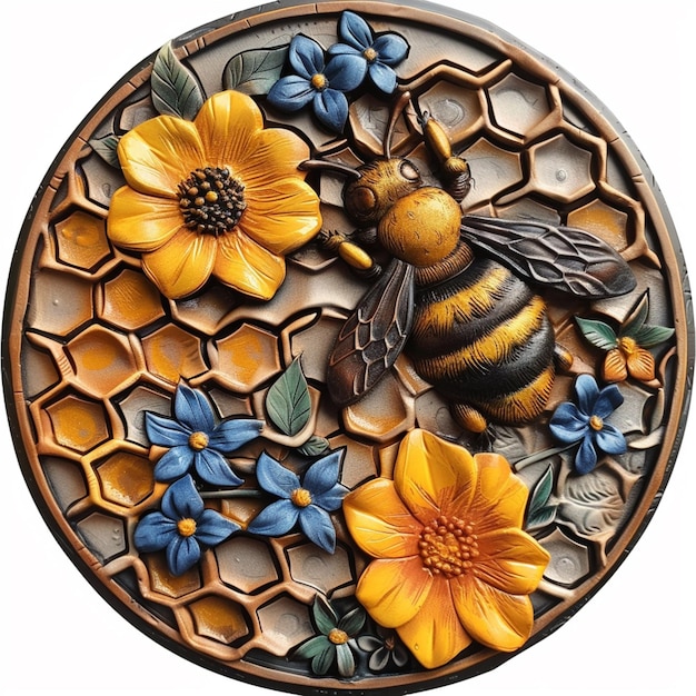 a close up of a decorative plate with a bee and flowers generative ai