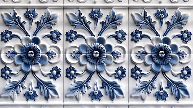 Photo close up of decorative tile with blue flowers