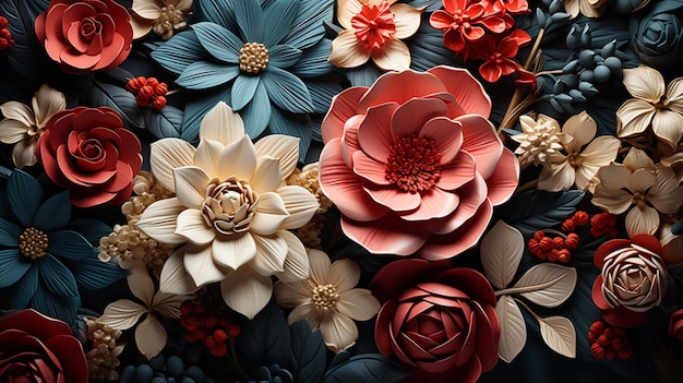 A close up of a decorative wall with flowers and leaves