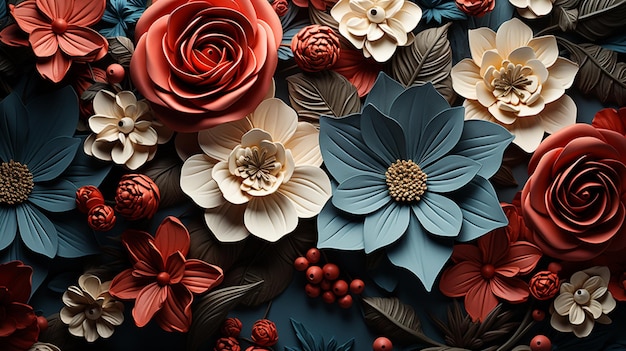 A close up of a decorative wall with flowers and leaves