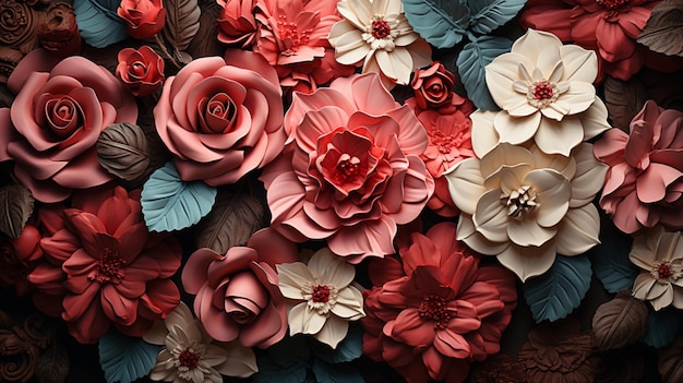 A close up of a decorative wall with flowers and leaves