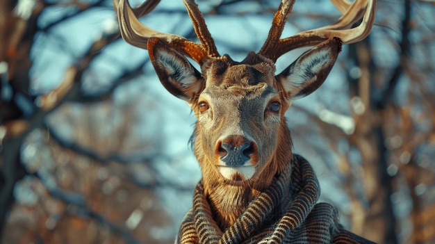 Close up of a deer wearing a scarf suitable for winter themed designs