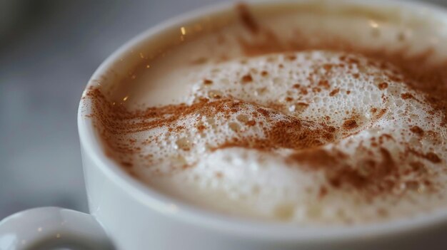 Close up of delicate cinnamon swirls on rich cappuccino foam in a classic white mug