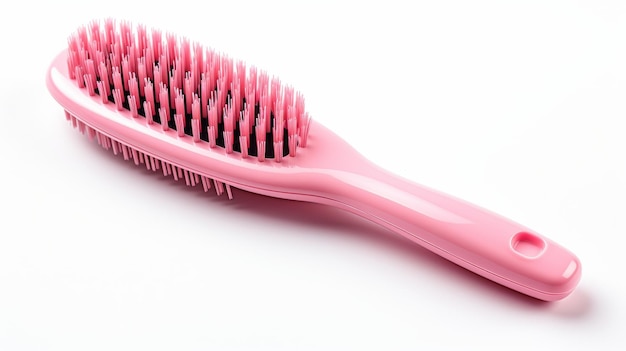 A close up of a delicate pink brush resting on a pristine white background