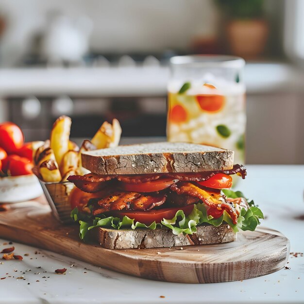 Photo close up of a delicious blt sandwich on a wooden cutting board