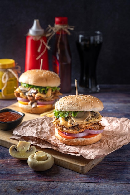 Close-up of delicious burgers with fries on dark background