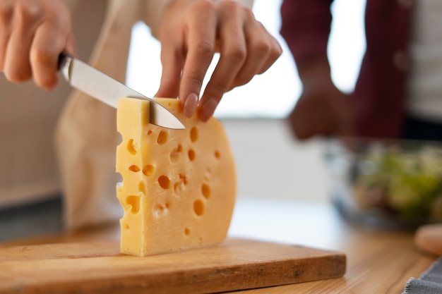 Photo close up on delicious fresh cheese