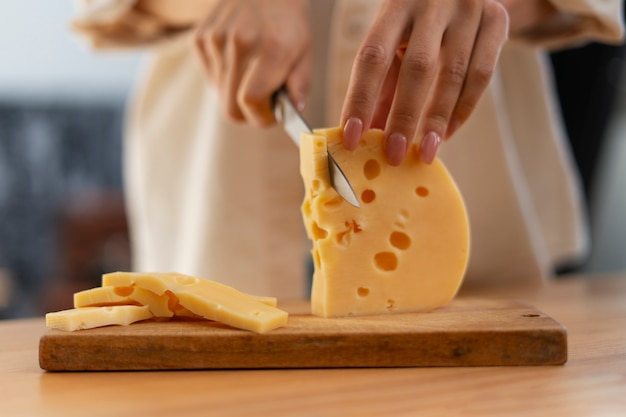 Photo close up on delicious fresh cheese