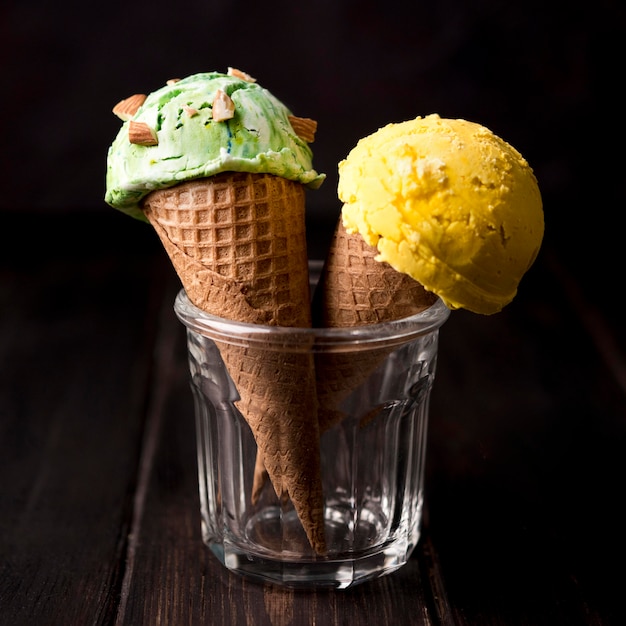 Close-up delicious ice cream cones in a glass