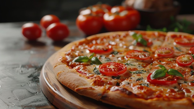 Close up of a delicious pizza with tomato and basil