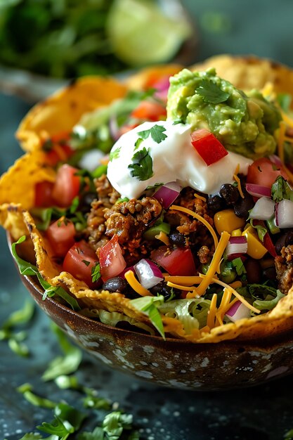 Photo close up of a delicious taco salad with ground beef black beans corn tomatoes avocado sour cream and cheese