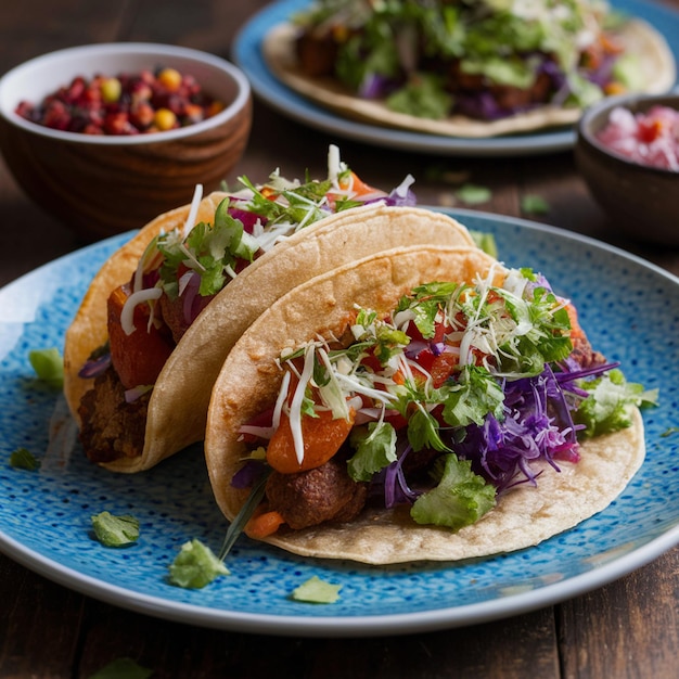 Close up on delicious tacos on plate photo 3d render poster