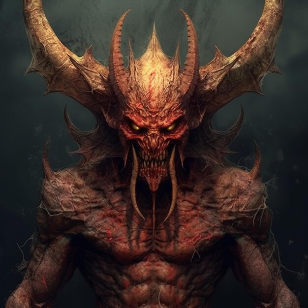 A close up of a demonic creature with large horns and a red face generative ai