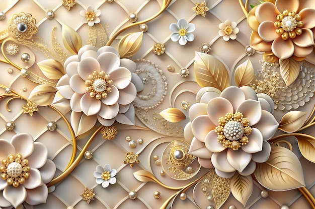 a close up of the design of a quilt with flowers and gold leaves