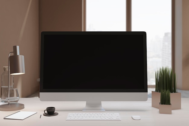 Close up of designer office desktop with empty black computer monitor window with city view decorative items and supplies Mock up 3D Rendering