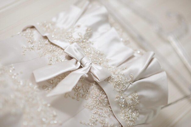 Close-up of designs on wedding dress