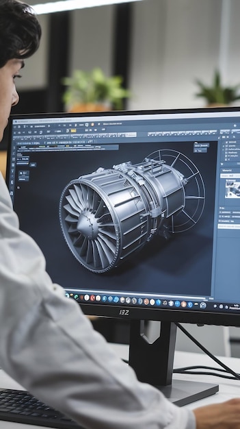 Photo close up of a desktop computer monitor screen with 3d cad software with prototype jet engine projec