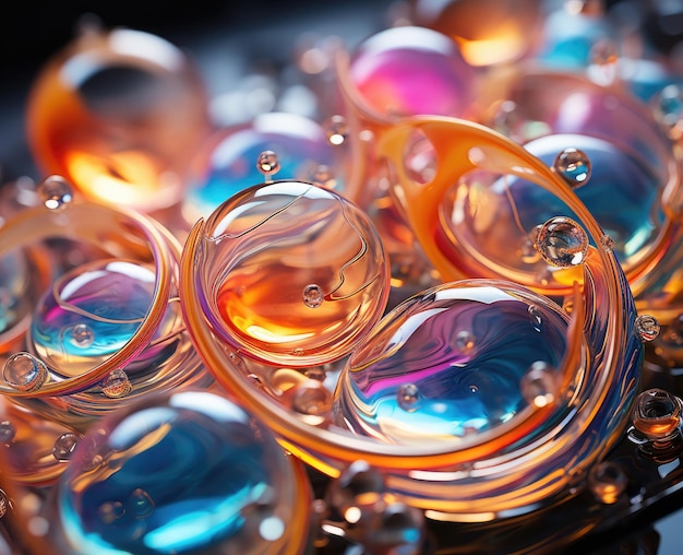 Close up detail macro photo of soap bubbles nature rainbow glitter colorful dynamic composition