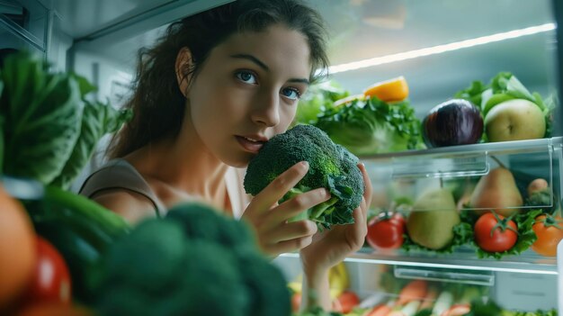 Photo close up detail of young lady opening fridge while picking broccoli