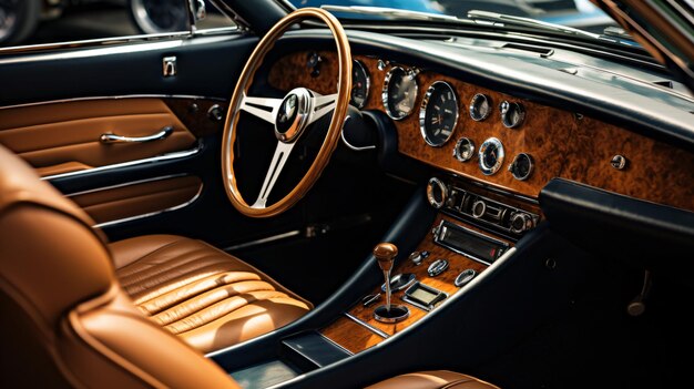 Close up detailed photo of the interior of a classic