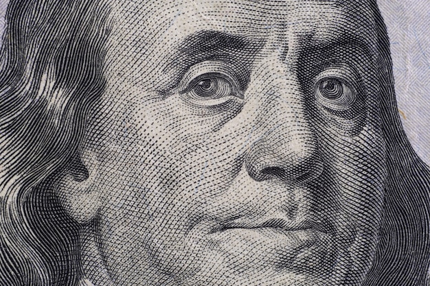 Close up detailed portrait of Franklin on American Dollars banknotes