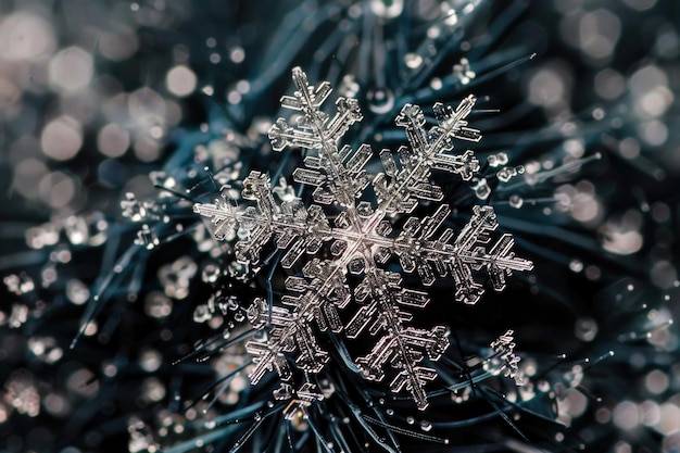 Photo close up of detailed snowflake on blue frosty background