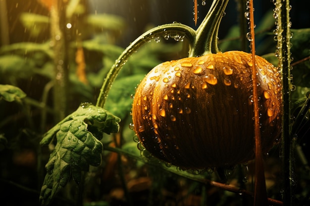 A close up of a dew covered pumpkin at sunrise H