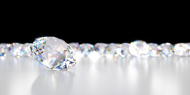 Close-up diamond on the background of many diamonds lying behind, 3d illustration