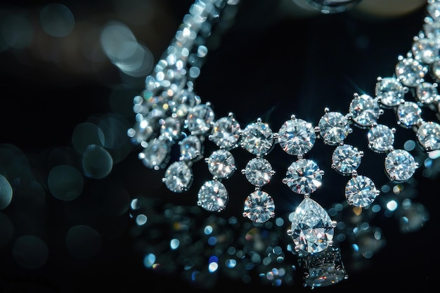 close up of a diamond necklace on a black background