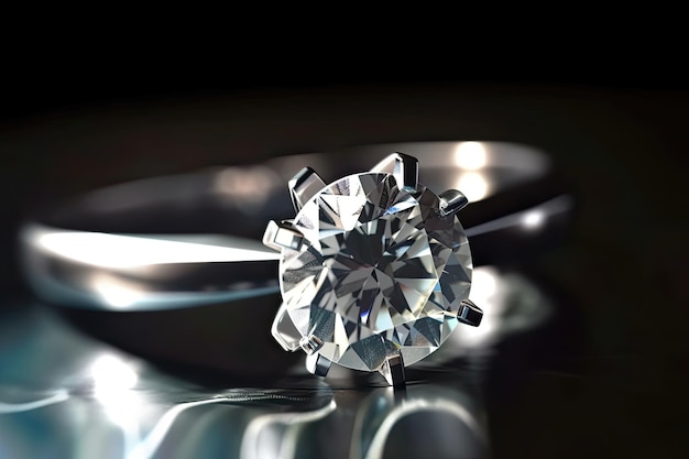 Close up of diamond solitaire engagement ring with dark background