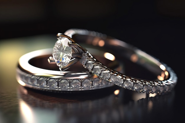 Close up of diamond solitaire engagement ring with dark background