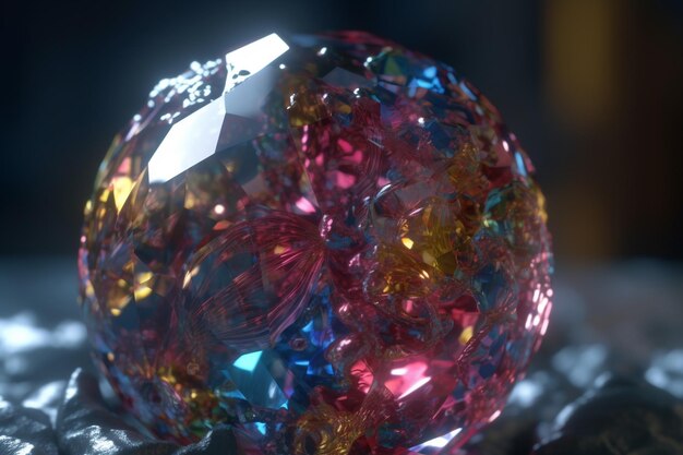 A close up of a diamond with pink and blue colors