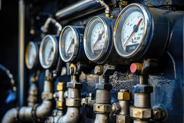 Photo a close up of diesel engine showcasing intricate pipes and gauges highlighting precision and engineering involved in its design detailed view captures functionality and robust nature of machinery