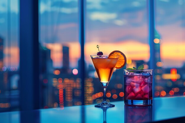 Photo a close up of different cocktails with different cityscape and dusk view with a big blurry backdrop and space for text or background generative ai