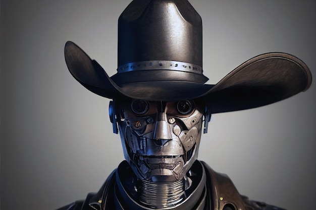 Close-up digital art portrait of an automaton in Western 19th century cowboy with retro style.