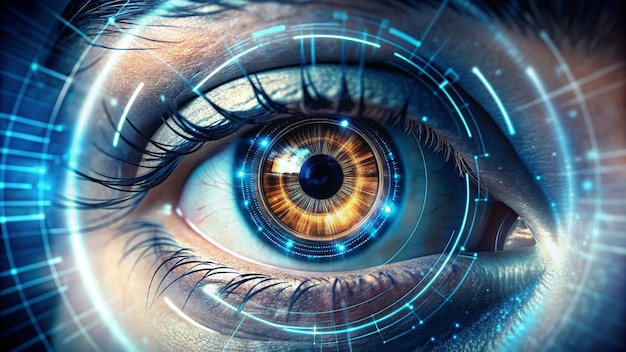 Close up of digital eye with glowing blue lines and patterns