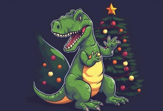 a close up of a dinosaur near a christmas tree generative ai