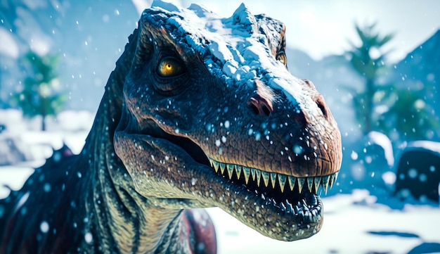 Close up of dinosaur in the snow Generative AI