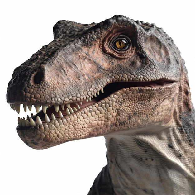 A close up of a dinosaur with the mouth open and teeth showing.