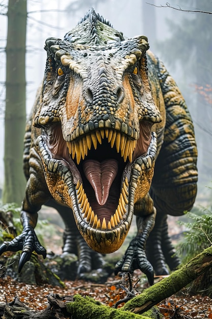 Close up of dinosaur with yellow teeth and red eyes