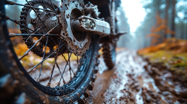 a close up of dirt bike rear tire muddy rear wheel and engine of dirt bike