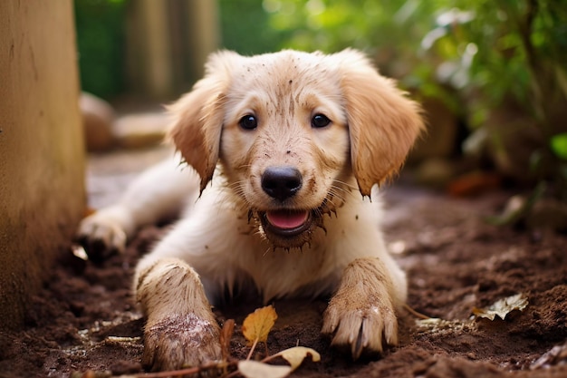 Close up dirty puppy playing in the garden puppy with funny look