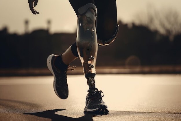 Photo close up of a disabled person with a prosthetic leg exercising on a sports track generative ai