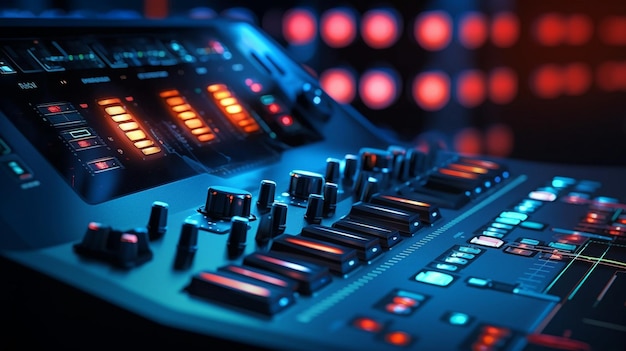 A close up of a dj control panel with many lights