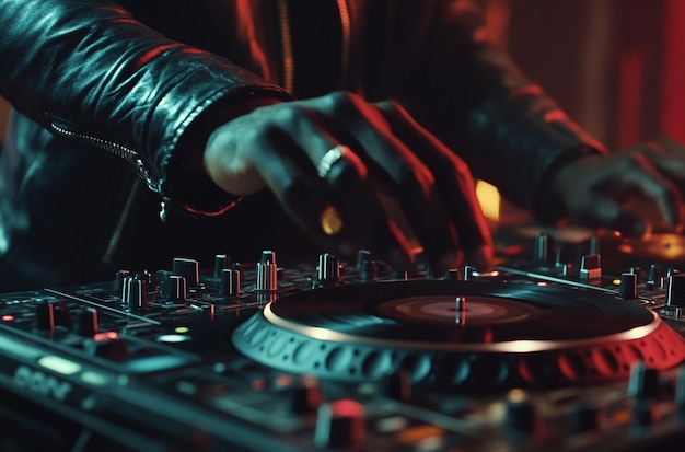 Photo close up of dj hands mixing music on turntable at nightclub dj