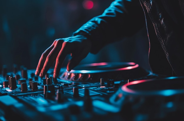 Photo close up of dj hands mixing music on turntable at nightclub dj