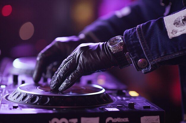 Photo close up of dj hands mixing music on turntable at nightclub dj