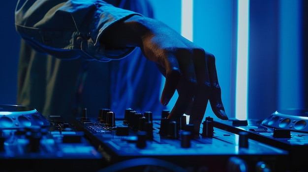 Photo close up of a dj working under the blue light