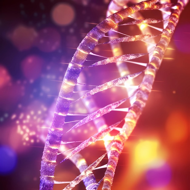 A close up of a dna strand with a colorful background